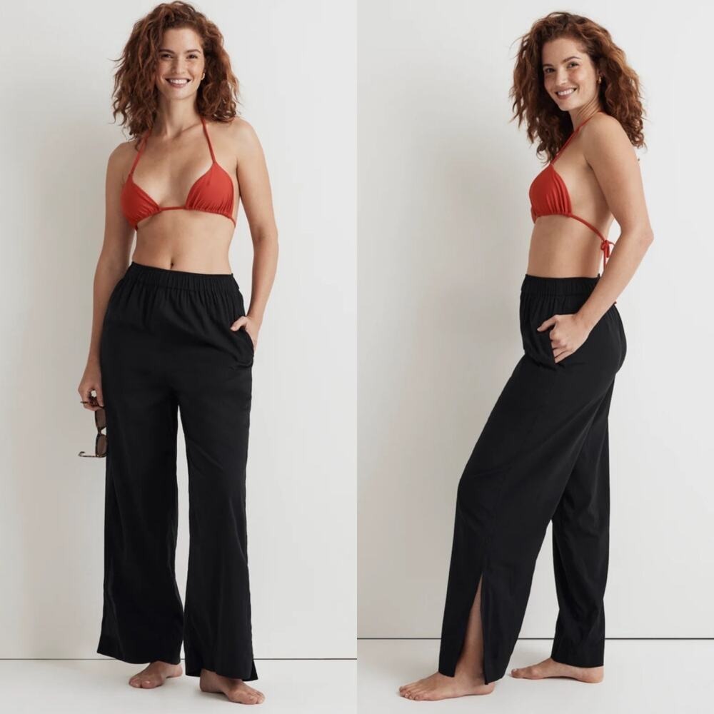 Madewell Drawstring Wide Leg Pants Pull On Black Small NO145 Coverup Swim Beach‎